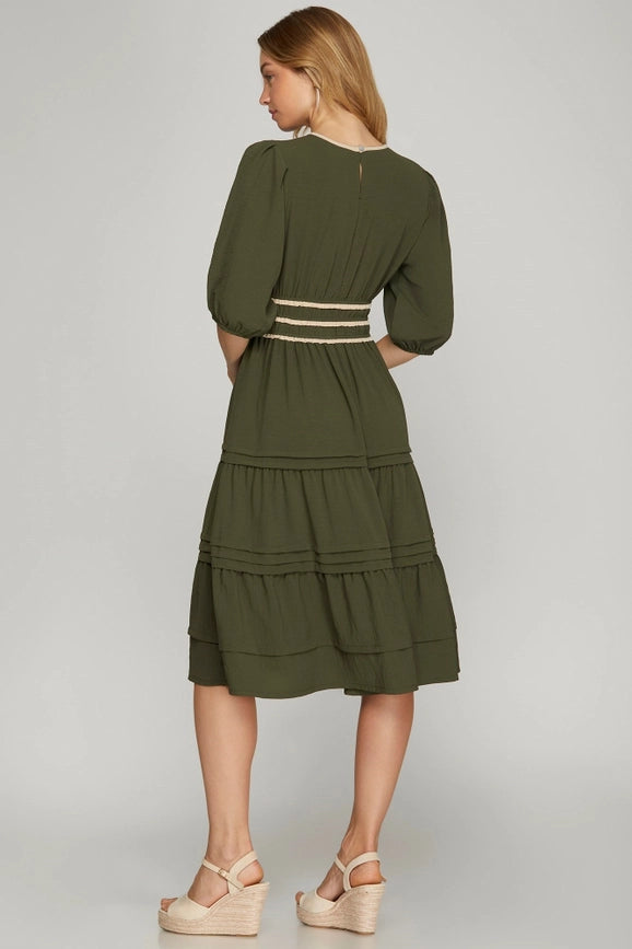 Pintuck Tiered Woven Midi Dress