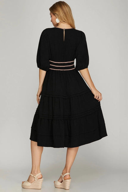 Pintuck Tiered Woven Midi Dress