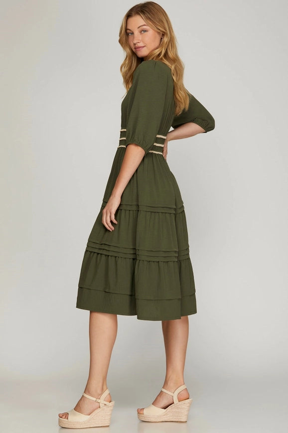 Pintuck Tiered Woven Midi Dress