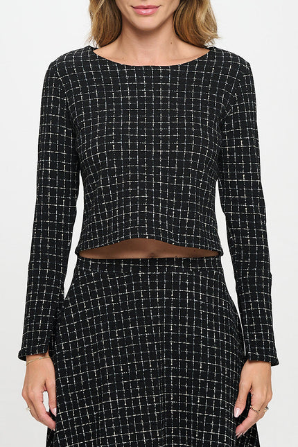 Plaid Knit Long Sleeve Crop Top with Split Sleeve-2