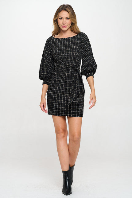 Plaid Knit Round neck 3/4 Sleeve Dress with Tie-1