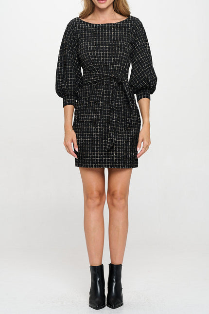 Plaid Knit Round neck 3/4 Sleeve Dress with Tie-2