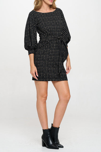 Plaid Knit Round neck 3/4 Sleeve Dress with Tie-3