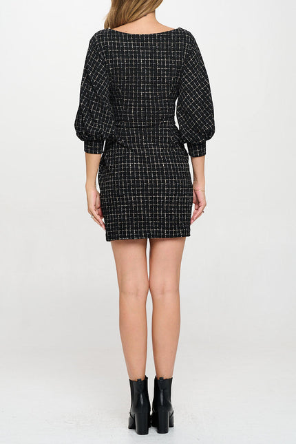 Plaid Knit Round neck 3/4 Sleeve Dress with Tie-4