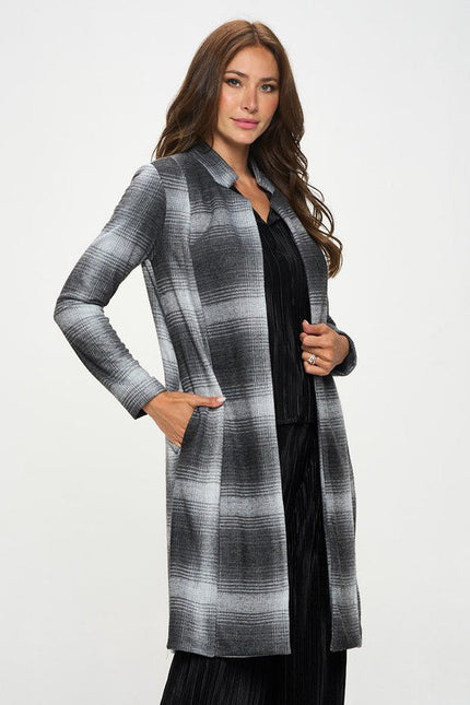 Plaid Open Front Coat with Collar-2