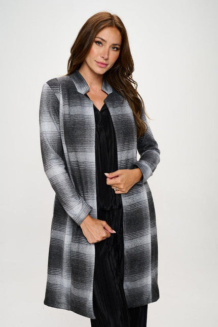 Plaid Open Front Coat with Collar-0