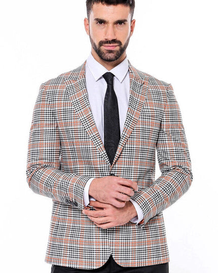 Plaid Slim-Fit Orange Black Men Blazer