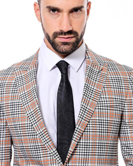 Plaid Slim-Fit Orange Black Men Blazer