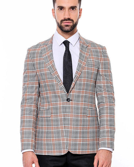 Plaid Slim-Fit Orange Black Men Blazer