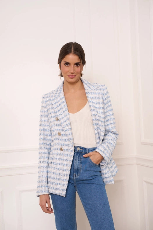 Plaid Tweed Blazer Jacket Sky Blue