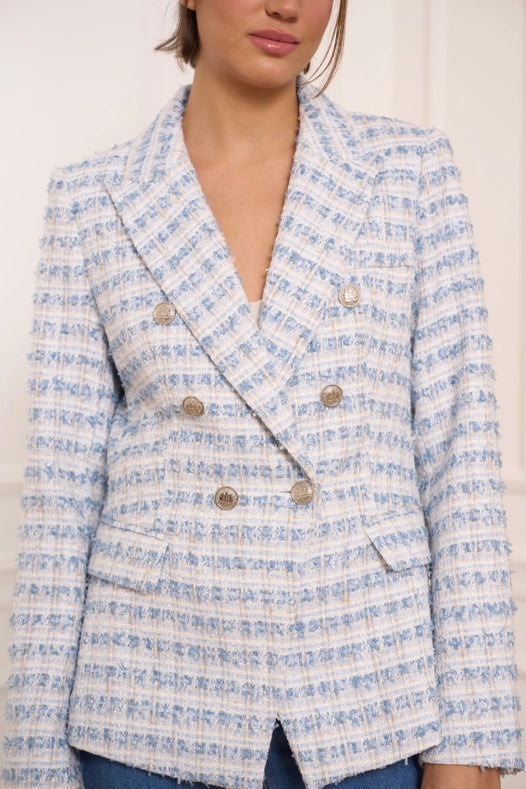 Plaid Tweed Blazer Jacket Sky Blue