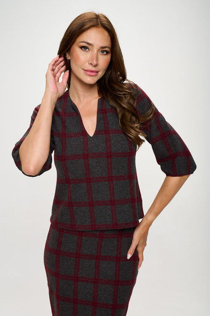 Plaid V Neck Knit Top-2