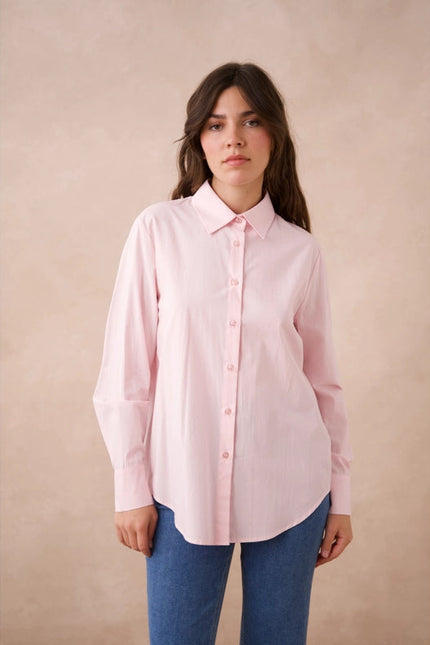 Plain Cotton Shirt With Lapel Collar Pink