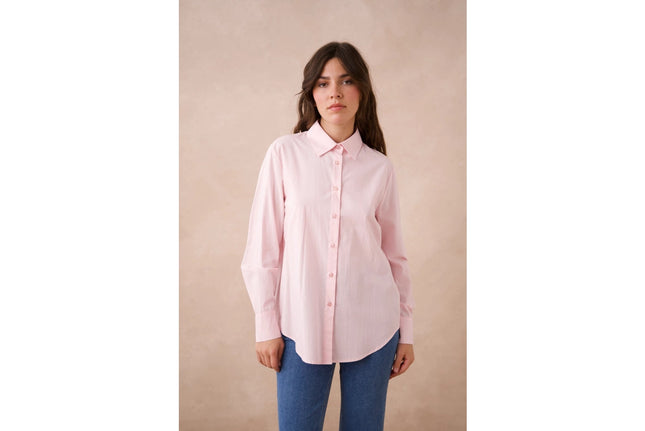 Plain Cotton Shirt With Lapel Collar Pink