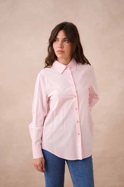 Plain Cotton Shirt With Lapel Collar Pink