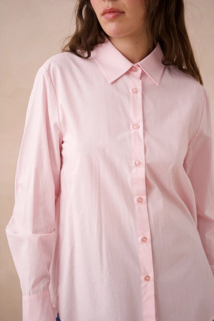 Plain Cotton Shirt With Lapel Collar Pink