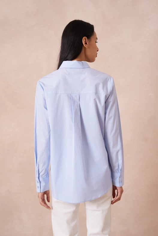 Plain Cotton Shirt With Lapel Collar  Sky Blue