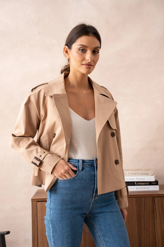 Plain Cropped Cotton Trench Coat Beige