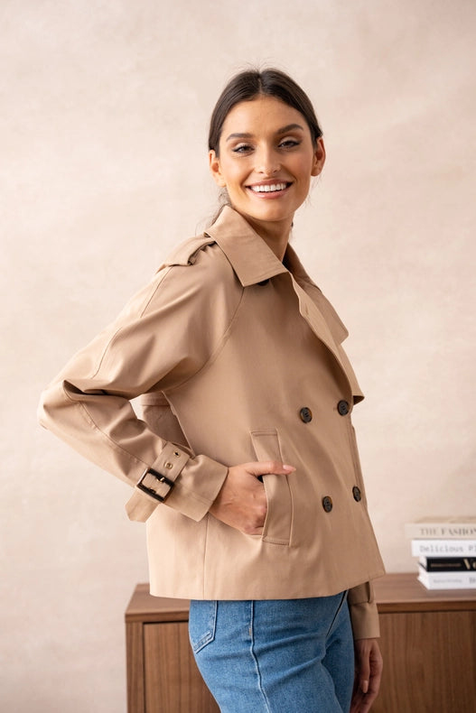 Plain Cropped Cotton Trench Coat Beige