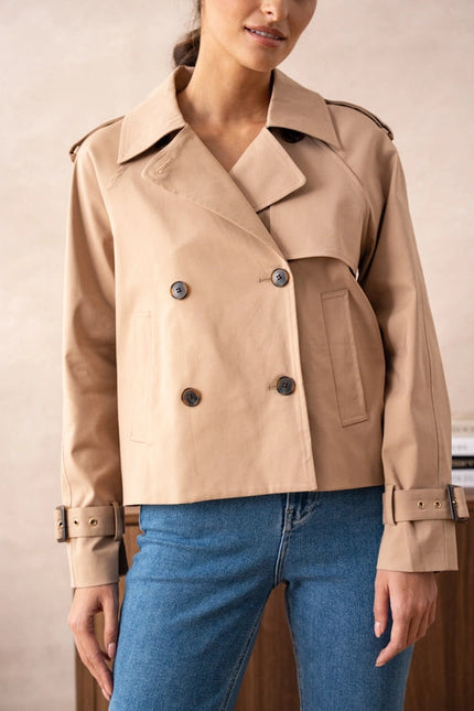 Plain Cropped Cotton Trench Coat Beige