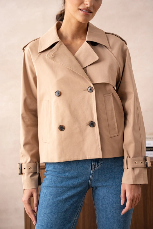 Plain Cropped Cotton Trench Coat Beige