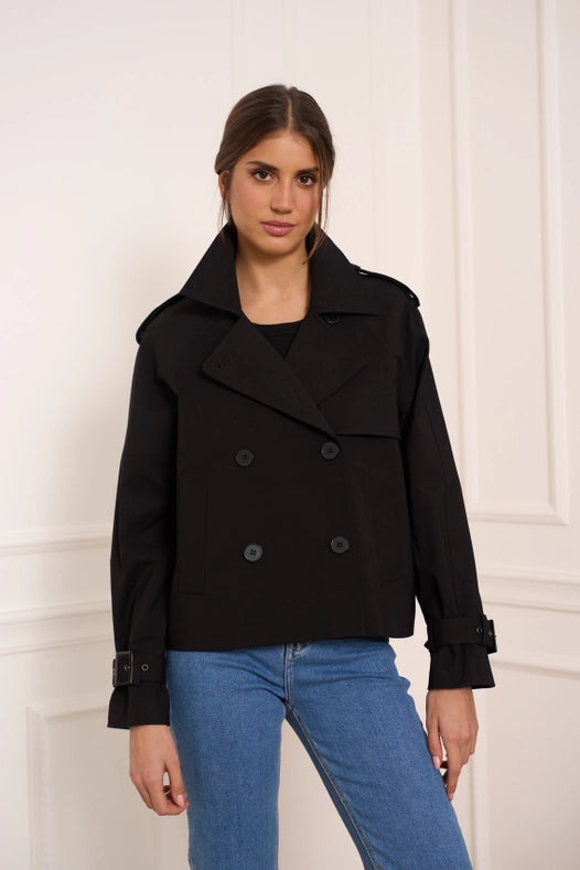 Plain Cropped Cotton Trench Coat Black