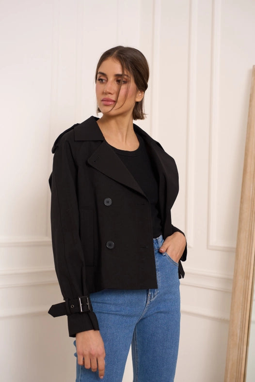 Plain Cropped Cotton Trench Coat Black