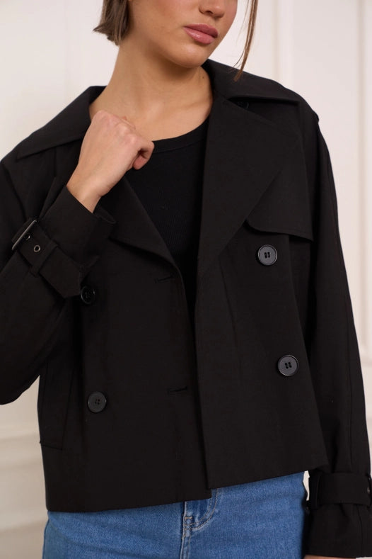 Plain Cropped Cotton Trench Coat Black