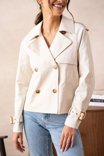 Plain Cropped Cotton Trench Coat White