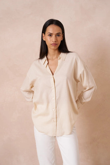 Plain Shirt With Lapel Collar With Linen Beige