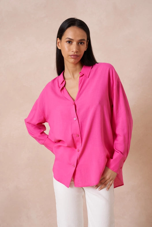 Plain Shirt With Lapel Collar With Linen Fuchsia