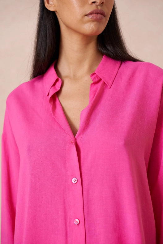 Plain Shirt With Lapel Collar With Linen Fuchsia