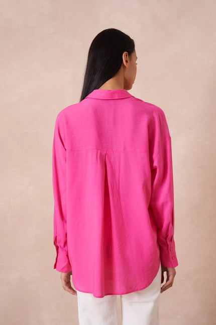 Plain Shirt With Lapel Collar With Linen Fuchsia