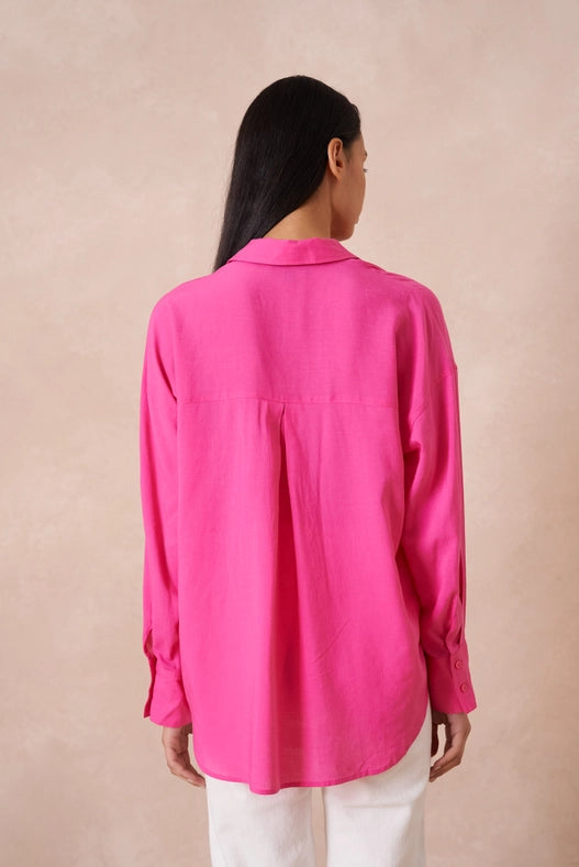 Plain Shirt With Lapel Collar With Linen Fuchsia