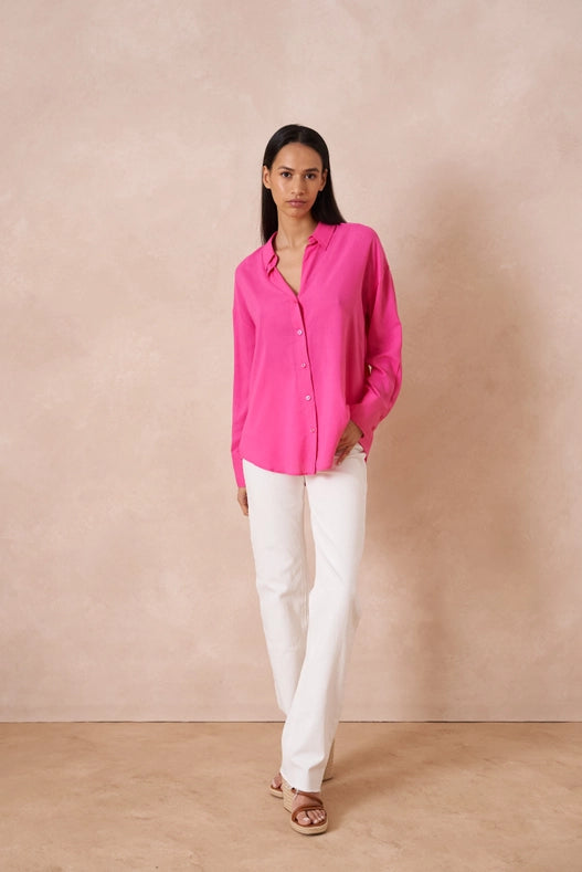 Plain Shirt With Lapel Collar With Linen Fuchsia