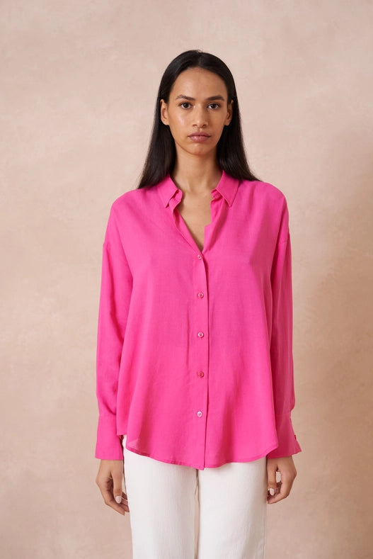 Plain Shirt With Lapel Collar With Linen Fuchsia