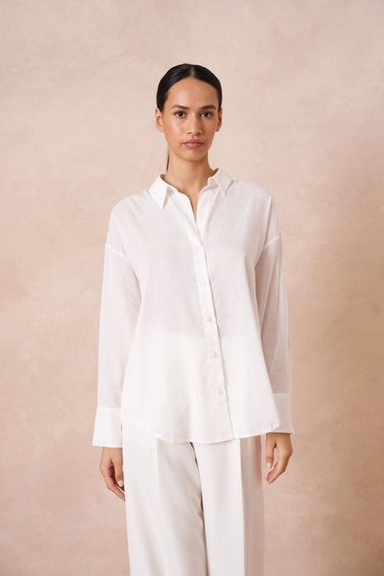 Plain Shirt With Lapel Collar With Linen White