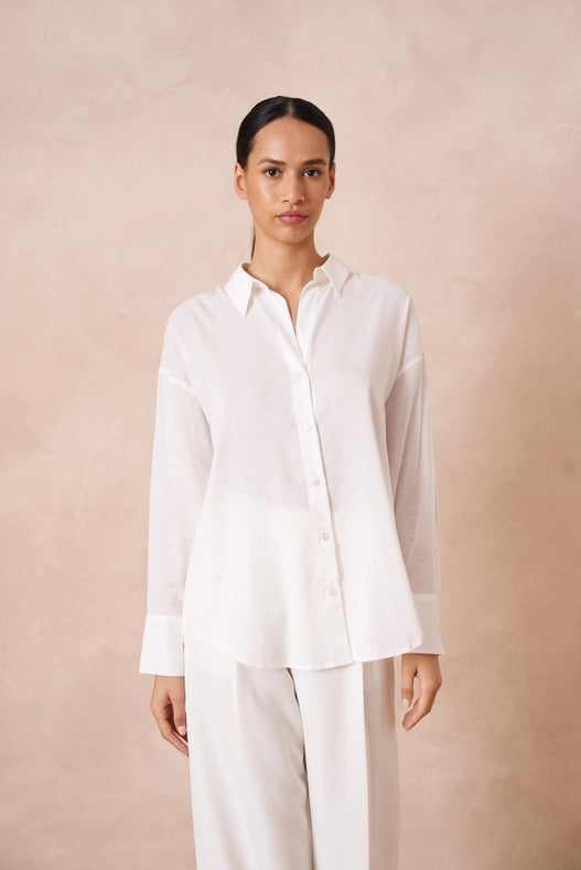 Plain Shirt With Lapel Collar With Linen White