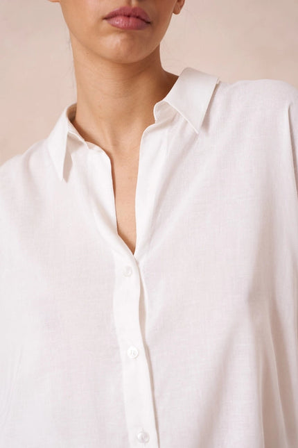 Plain Shirt With Lapel Collar With Linen White