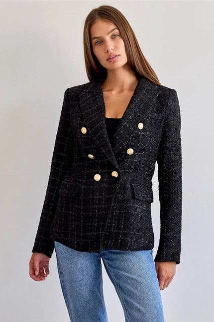 Plain Tweed Blazer With Golden Button