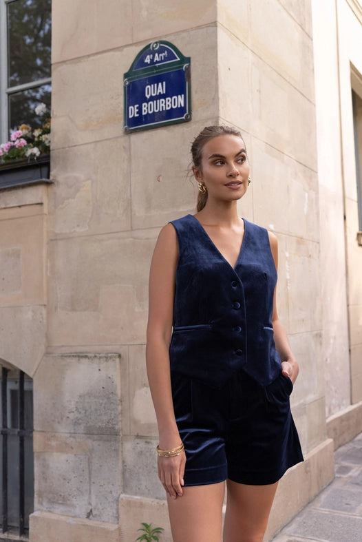 Plain Velvet Sleeveless Suit Vest Navy Blue