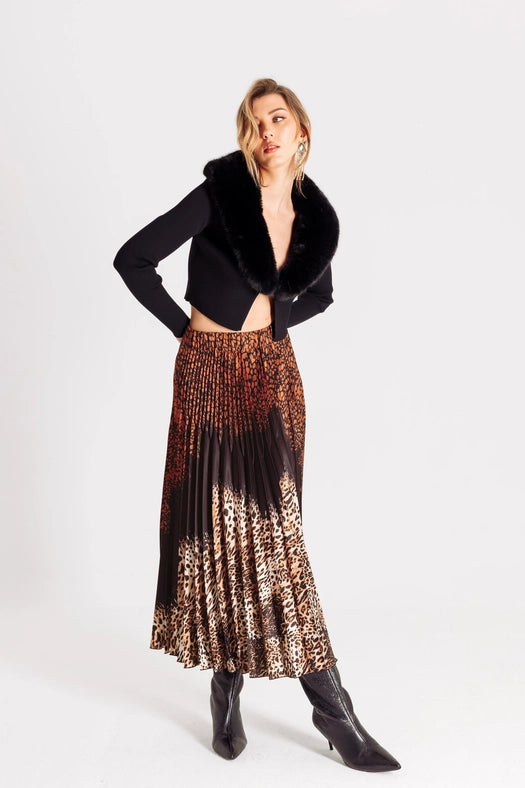 Pleated Animal Print Long Skirt