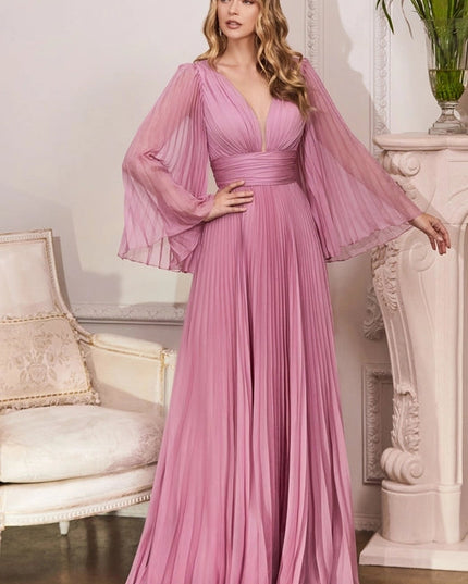 Pleated Chiffon Long Sleeve Gown