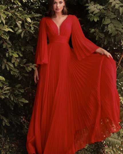 Pleated Chiffon Long Sleeve Gown