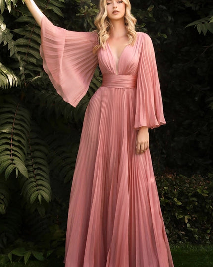 Pleated Chiffon Long Sleeve Gown