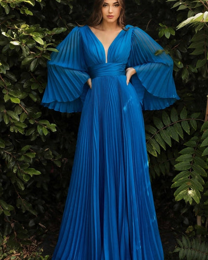 Pleated Chiffon Long Sleeve Gown