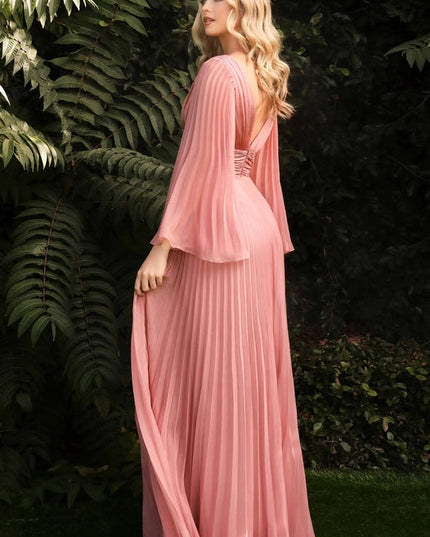 Pleated Chiffon Long Sleeve Gown