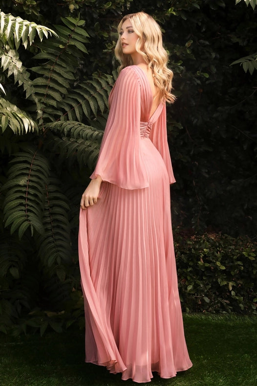 Pleated Chiffon Long Sleeve Gown