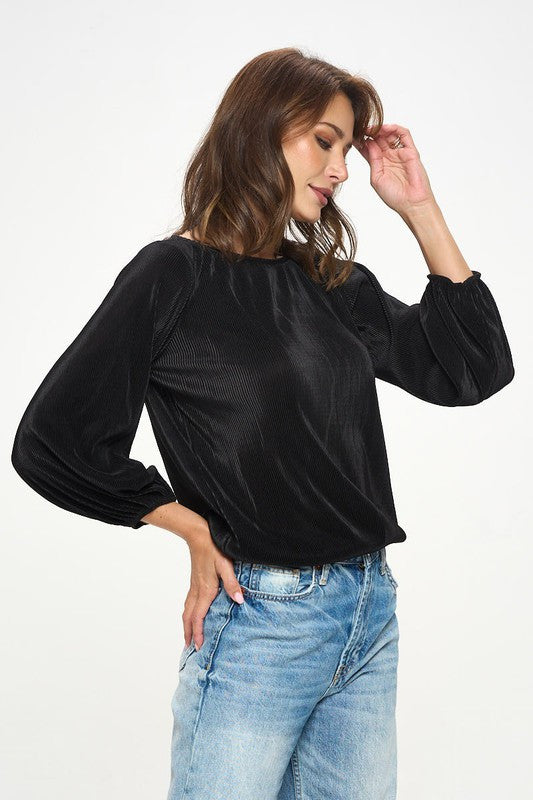 Plisse Solid Round neck Top with 3/4 Sleeve-2