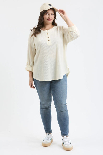 Plus 3/4 Tab Sleeve Henley Knit Top CREAM